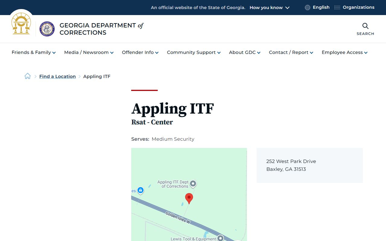 Appling Integrated Treatment Facility GDC offender and facility information page