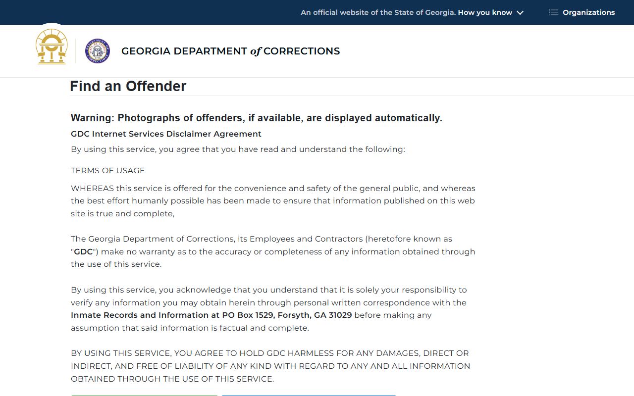 Appling Integrated Treatment Facility GDC offender query search form
